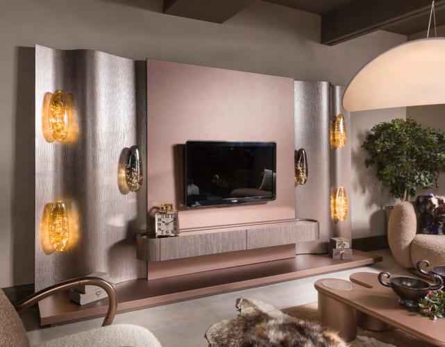 Beige Brown wavy panel Luxury TV unit with integrated amber lighting by Luxury Group International