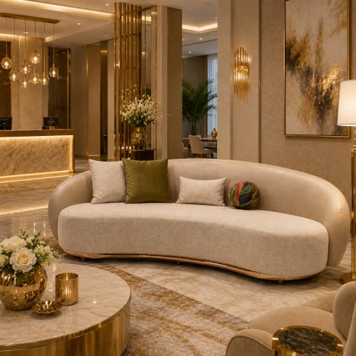Canapé de Luxe Beige Courbé avec Base en Or Rose et Silhouette Contemporaine de Designer par Luxury Group International