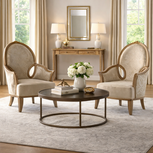 Poltrona Imbottita di Lusso in Tessuto Damascato Beige con Braccioli ad Anello Aperto e Struttura in Legno Champagne Oro Vista lifestyle di Luxury Group International
