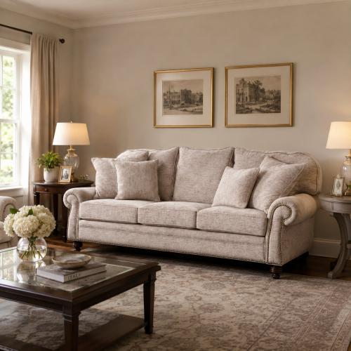 Divano 3 Posti di Lusso in Tessuto Beige con Braccioli Arrotolati - Mobili per Soggiorno Vista lifestyle di Luxury Group International