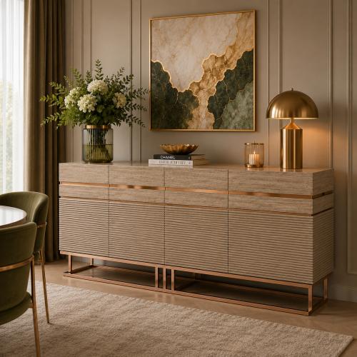 Aparador de madera beige de lujo con base de cobre por Luxury Group International