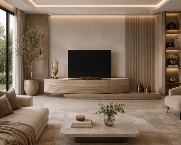 Mueble de TV Beige Moderno de Lujo con Diseño Curvo de Almacenamiento en Madera por Luxury Group International