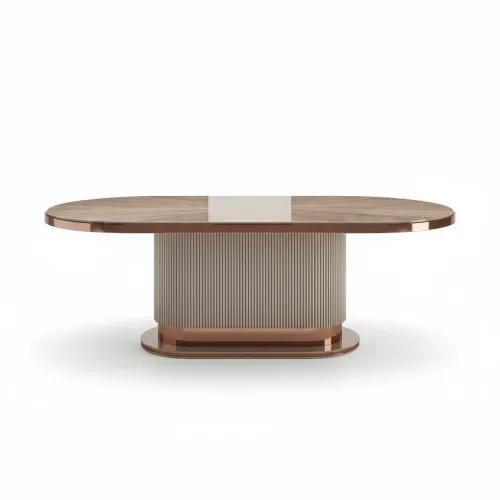 Beige oval oak wood luxury modern dining table with rose gold metallic accents by Luxury Group International