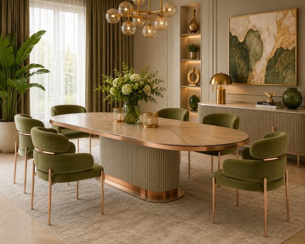 Beige oval oak wood luxury modern dining table with rose gold metallic accents by Luxury Group International
