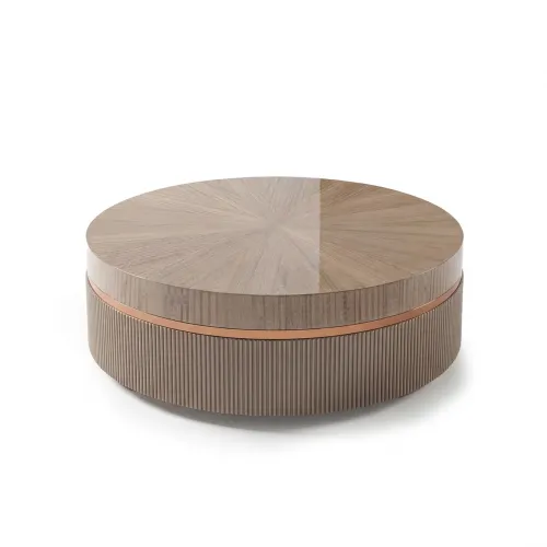 Beige Round natural oak wood luxury modern coffee table with antique gold finish by Luxury Group International