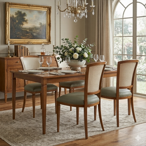 Beige Upholstered Luxury Dining Chair with Textured Backrest in Walnut Wooden Frame - Dining Room Furniture Lifestyle View by Luxury Group International