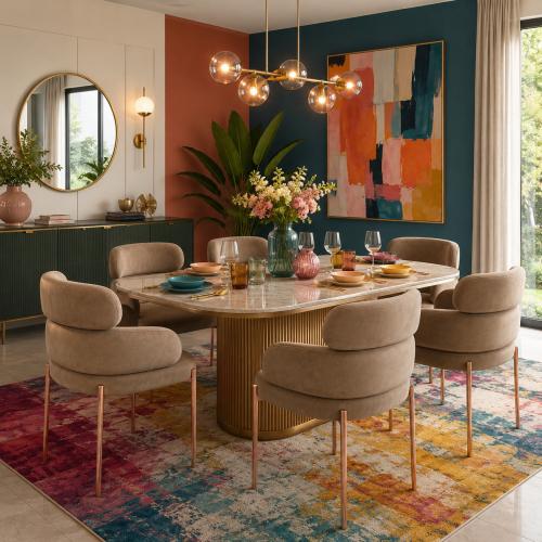 Beige upholstered luxury modern dining chair in matte fabric with curved barrel back by Luxury Group International