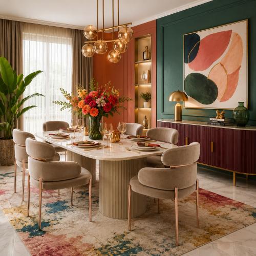Beige upholstered luxury modern dining chair in matte fabric with curved barrel back by Luxury Group International