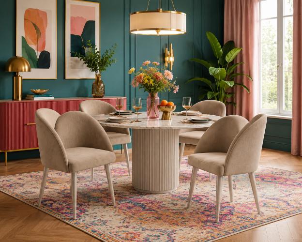 Silla de Comedor de Lujo en Terciopelo Beige con Respaldo Curvado y Diseño Moderno Tapizado por Luxury Group International
