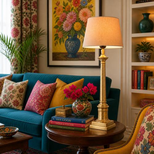 Beige Velvet Shade Elegant Modern Luxury Table Lamp With Sleek Golden antique Brass Base by Luxury Group International
