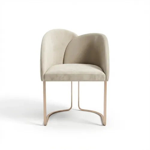 Beige velvet upholstered luxury modern dining chair with rose gold metal legs by Luxury Group International