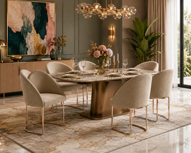 Beige velvet upholstered luxury modern dining chair with rose gold metal legs by Luxury Group International