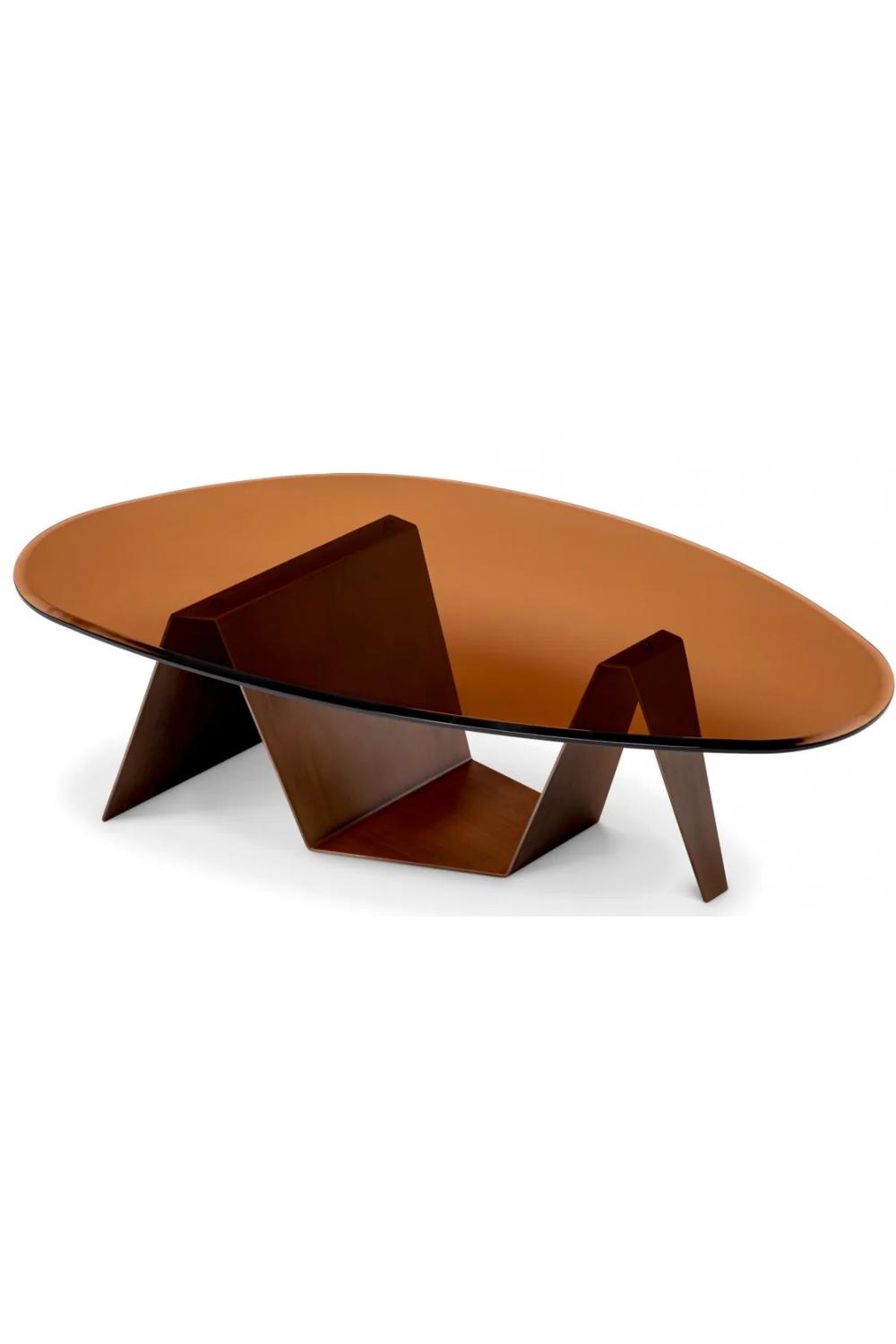 Luxury Dark Brushed Brass Finish & Bevelled Brown Glass Oval Coffee Table