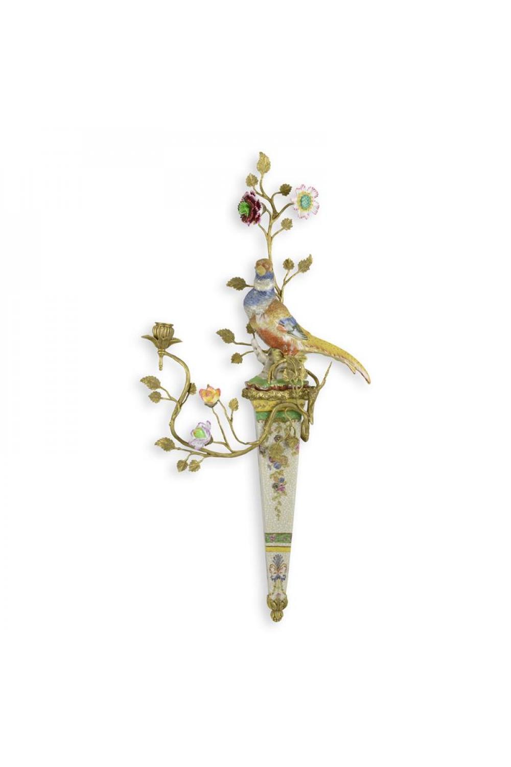 Luxury Bronze Mounted Porcelain Floral Bird Wall Candle Holder