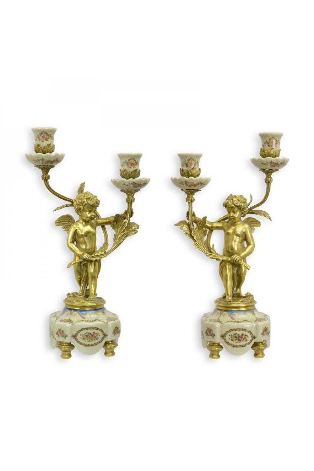Luxury Bronze Mounted Porcelain Pair Two-Branch Candelabra