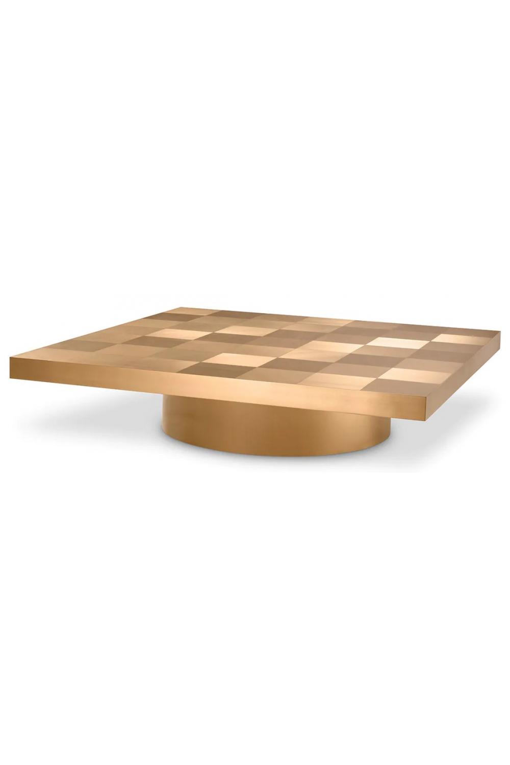 Luxury Brass Finish Rectangular Coffee Table with Designer Checkered Surface