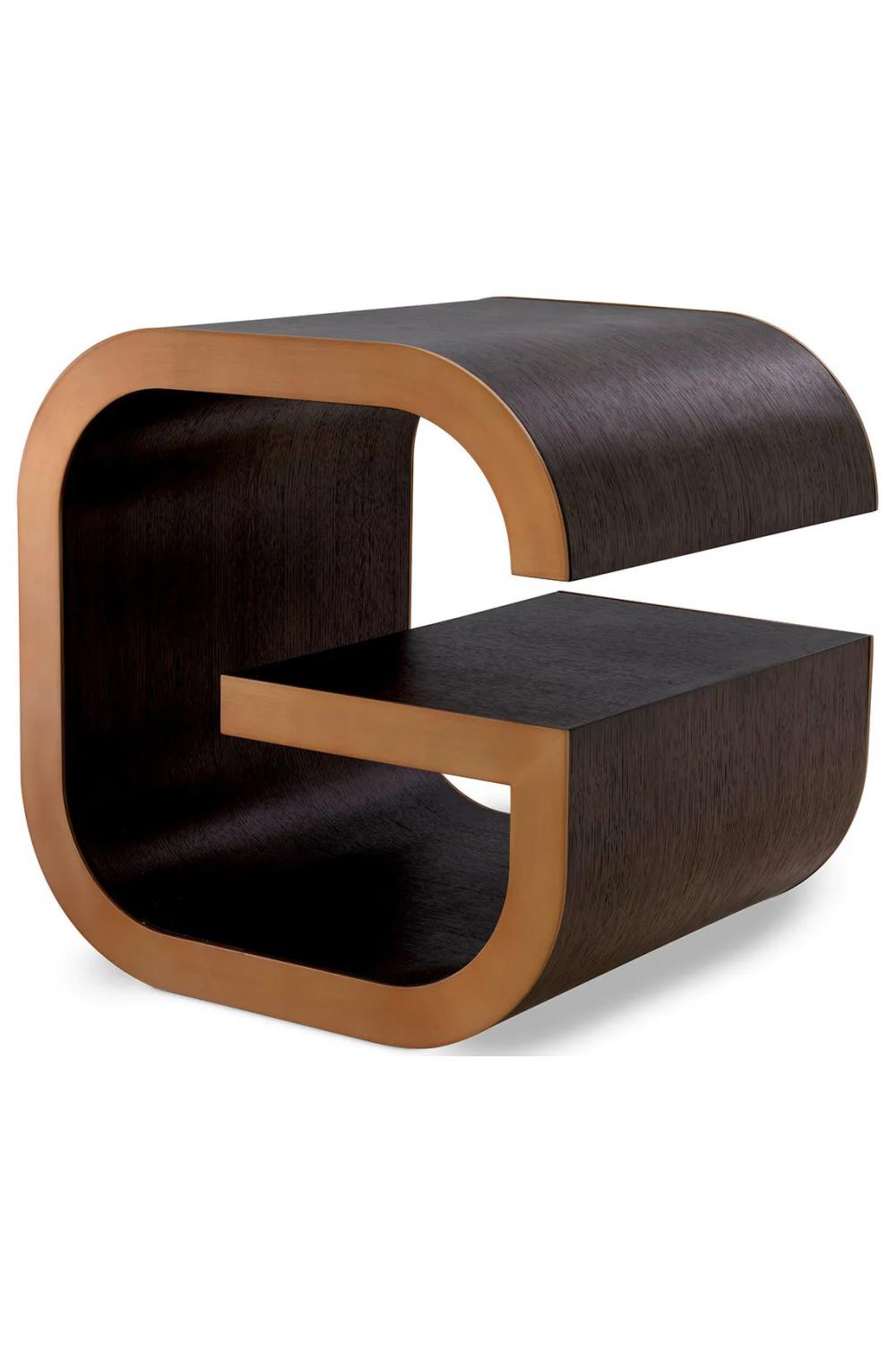 Luxuriöser G-förmiger Beistelltisch aus Eiche Mokka und Messing