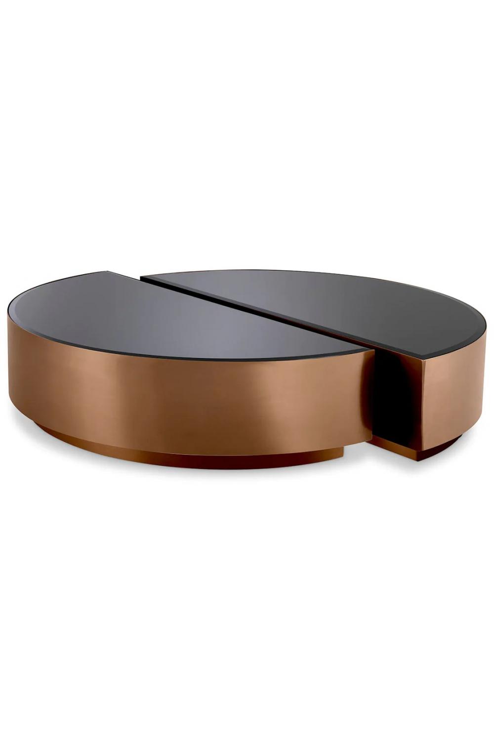 Luxuriöser runder Couchtisch aus gebürstetem Kupfer und schwarzem Glas