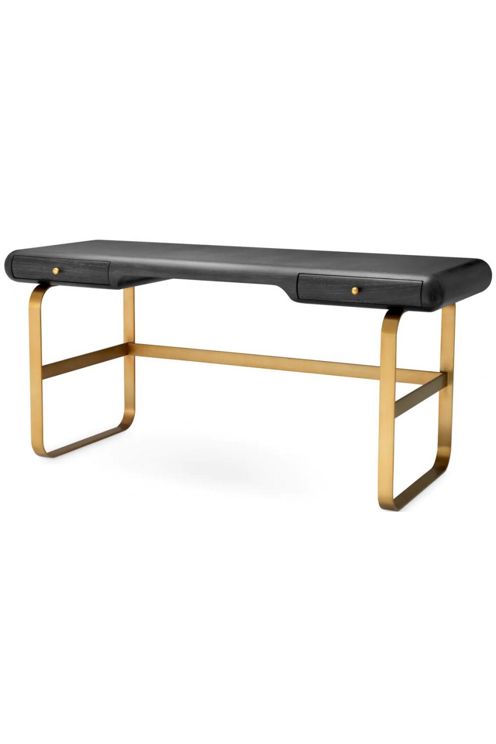 Luxuriöser schwarzer Eichen-Schreibtisch mit rechteckiger Form und Beinen mit Messing-Finish