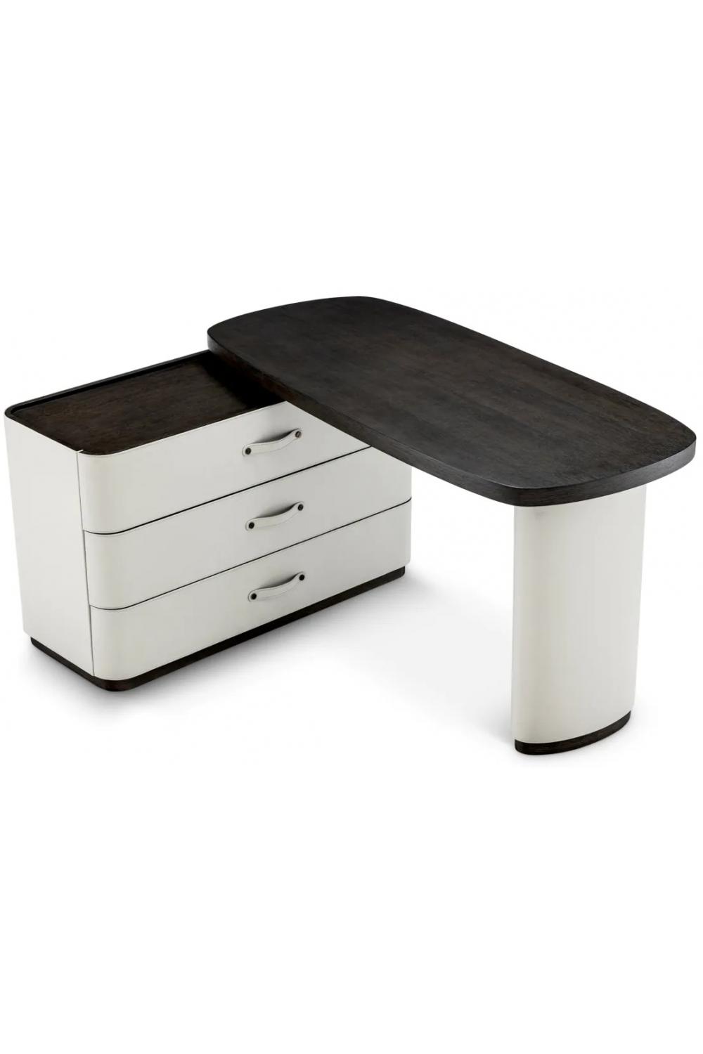 Luxuriöser drehbarer Schreibtisch in Schwarz-Weiß aus Mokka-Eiche & hellgrauem Leder