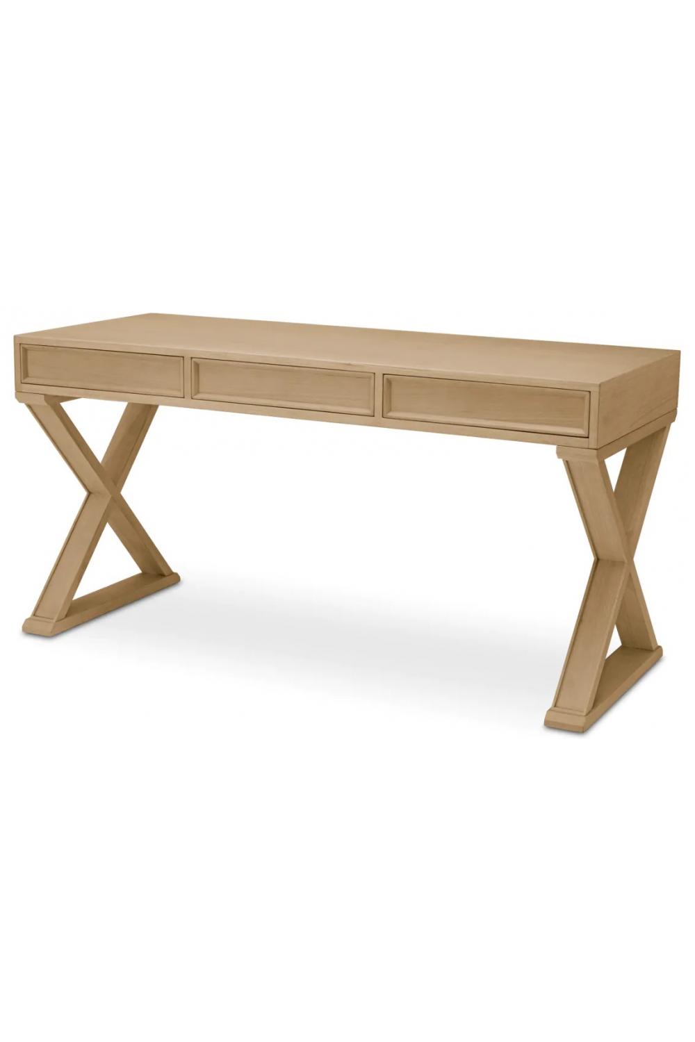 Luxuriöser Schreibtisch aus natürlicher Eiche mit rechteckiger Platte und X-förmigen Beinen