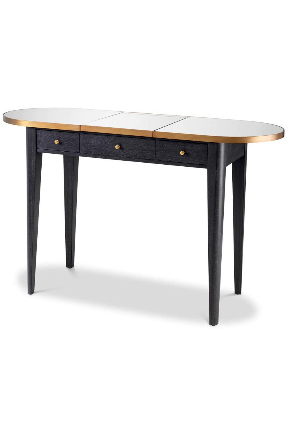 Luxuriöser Schreibtisch aus grauer Eichenfurnier und Messing-Finish mit klappbarem Spiegelglas