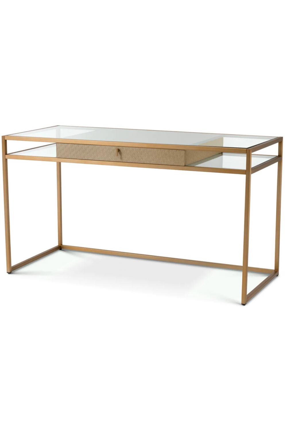 Luxuriöser Schrank Eichenfurnier & Messing-Finish Schreibtisch mit klarem Glasplatte