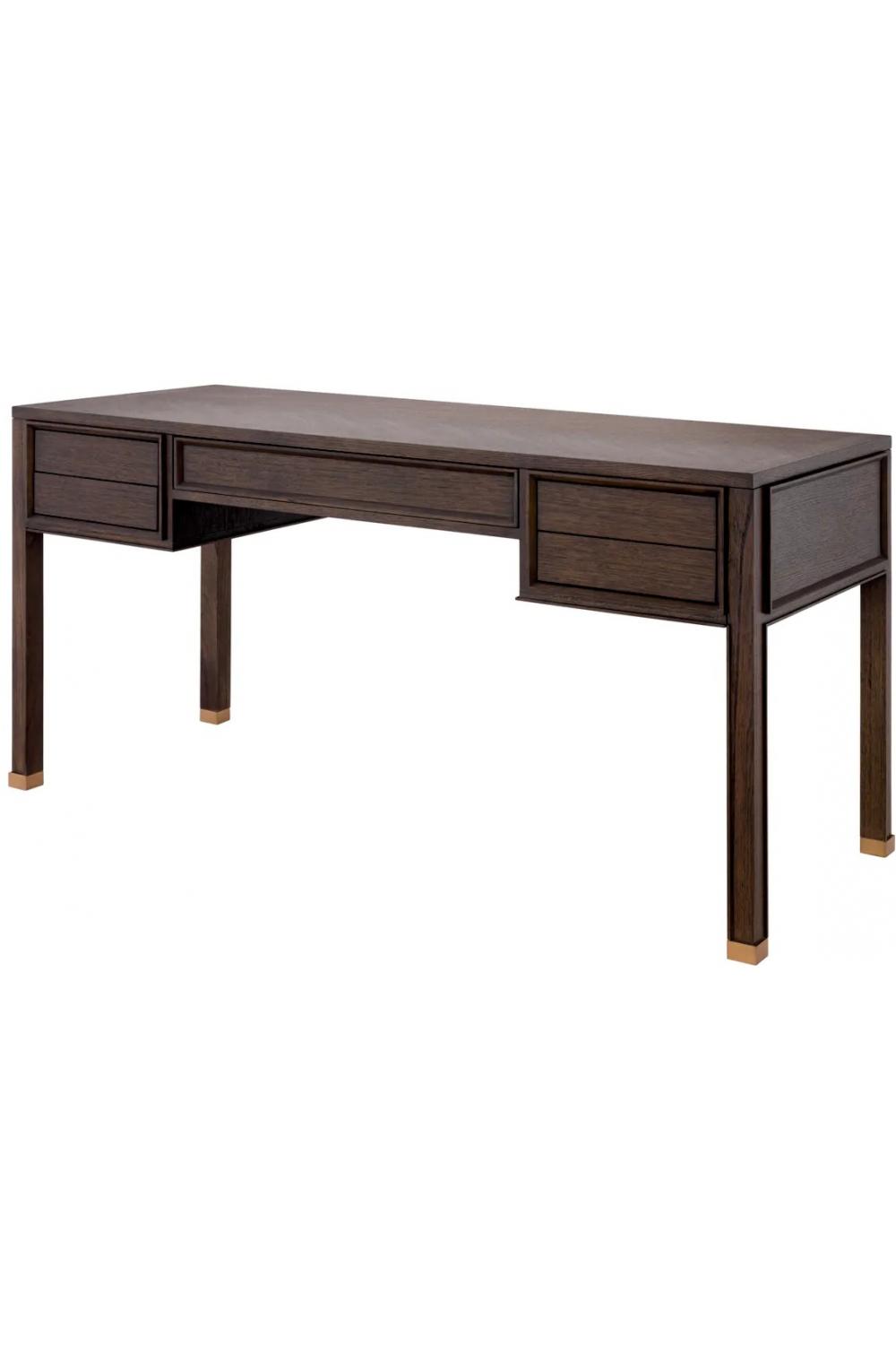 Luxury Brown Oak Veneer & Brass Finish Desk with 5 Drawer