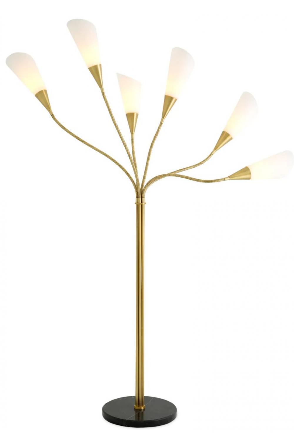 Luxury Antique Brass Finish & White Glass Floor Lamp with Honed Black Marble Base