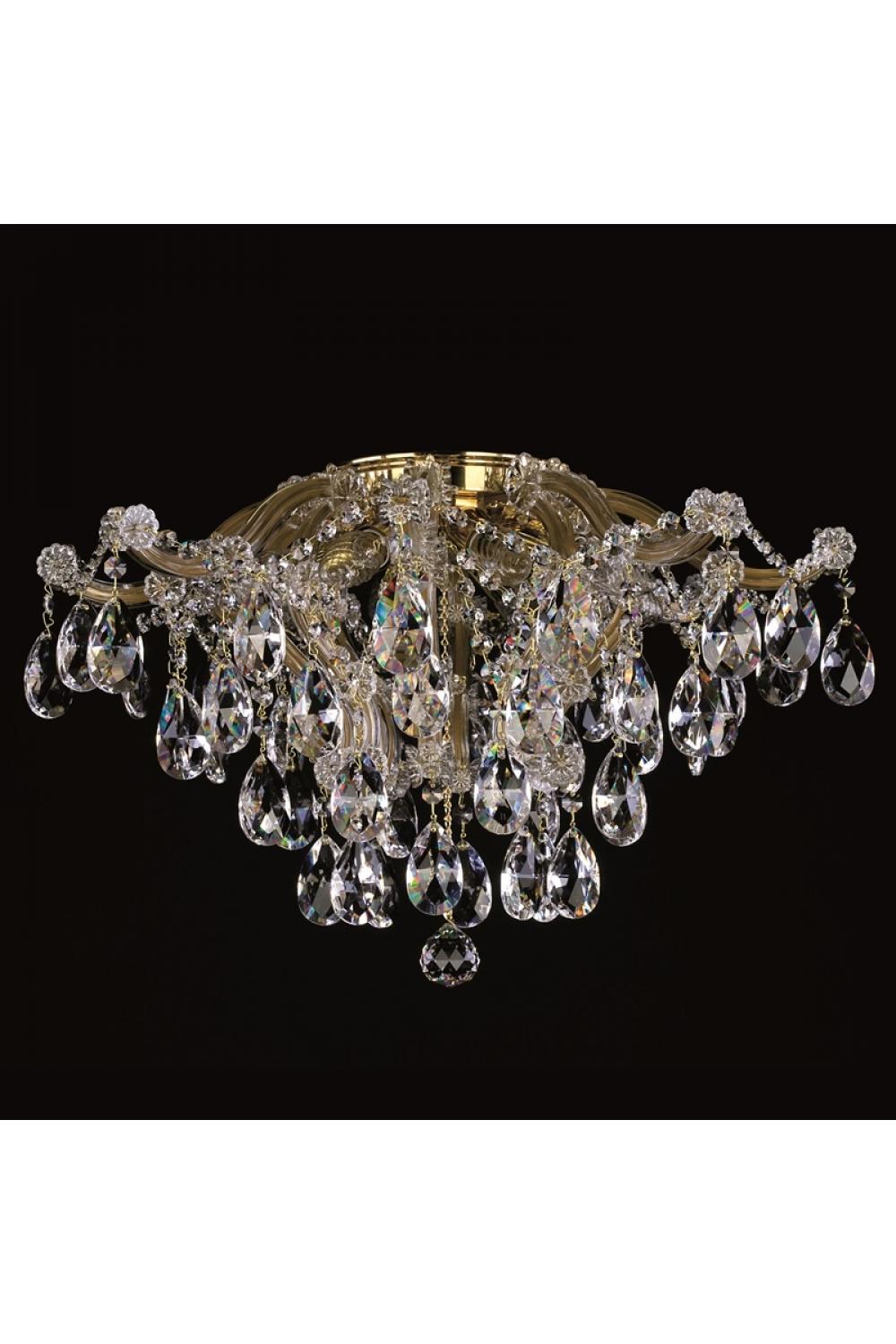 Luxury Polished Brass Crystal Drop Flush Ceiling Chandelier – 8 Lights