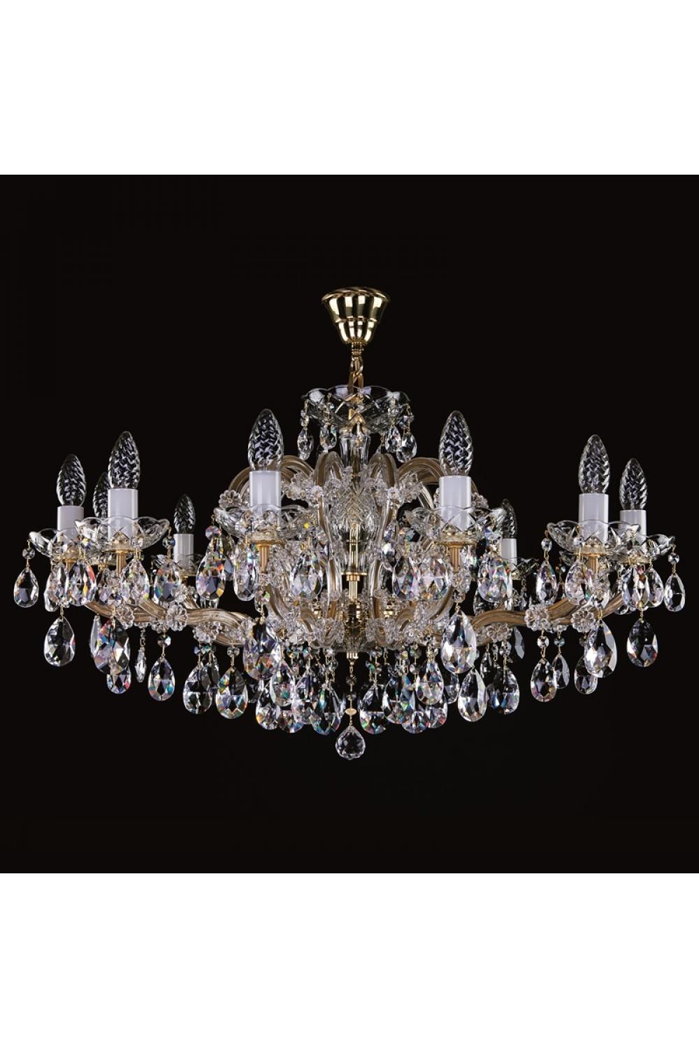 Luxuriöser Decken-Kronleuchter aus poliertem Messing mit Kristallen – 12 Lichter