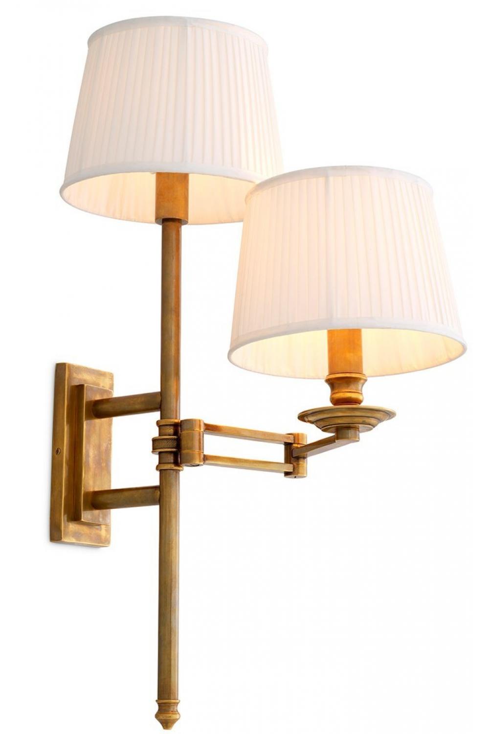 Luxury Vintage Brass Wall Lamp with Two Pleated White Shades