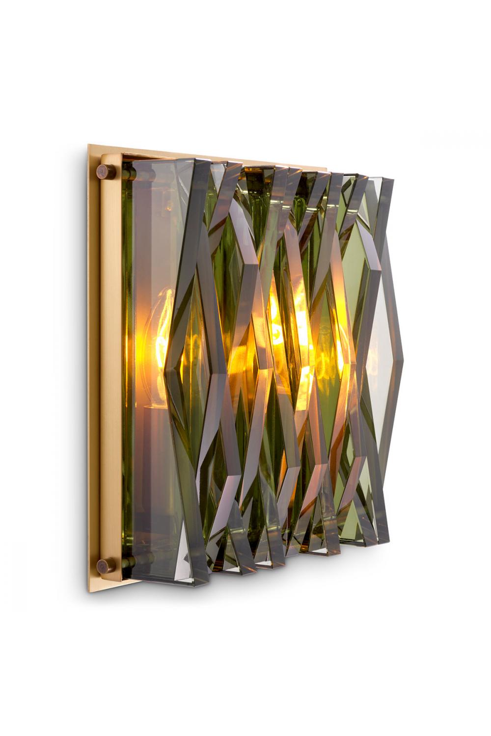 Luxury Antique Brass Finish & Green Glass Wall Lamp with Geometric Lines