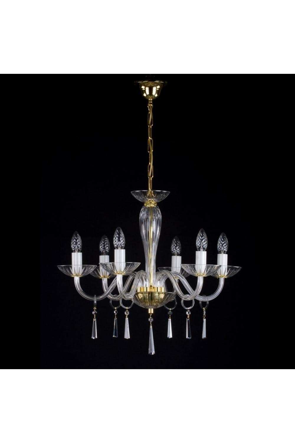 Luxury Six-Arm Candle Style Crystal Chandelier in Polished Brass Frame