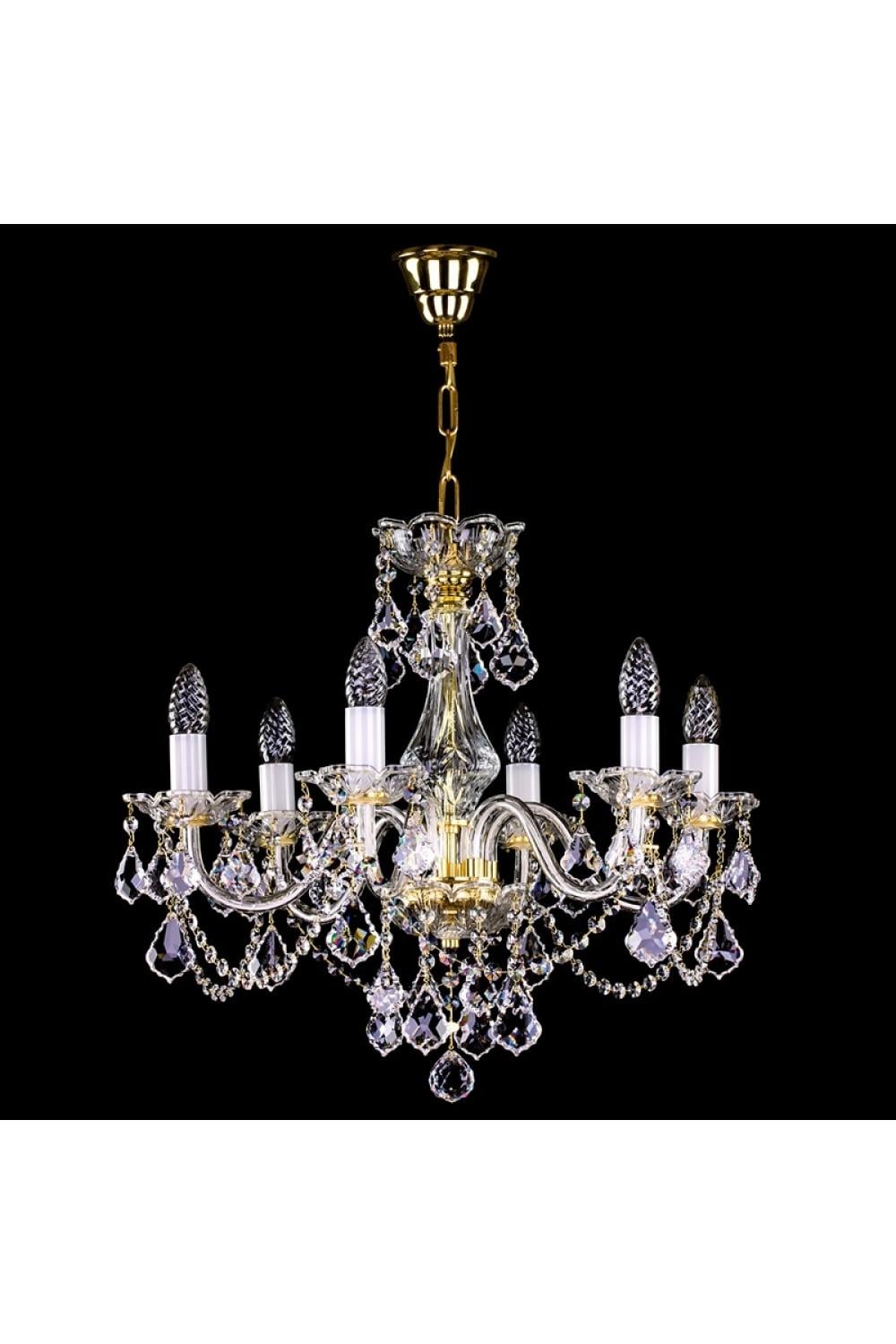 Luxury Six-Arm Crystal Chandelier with Curved Glass Arms and Layered Hanging Prisms
