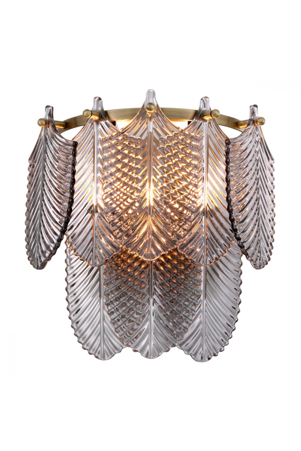 Luxury Feathered Smoke Glass Wall Lamp with Brushed Brass Finish