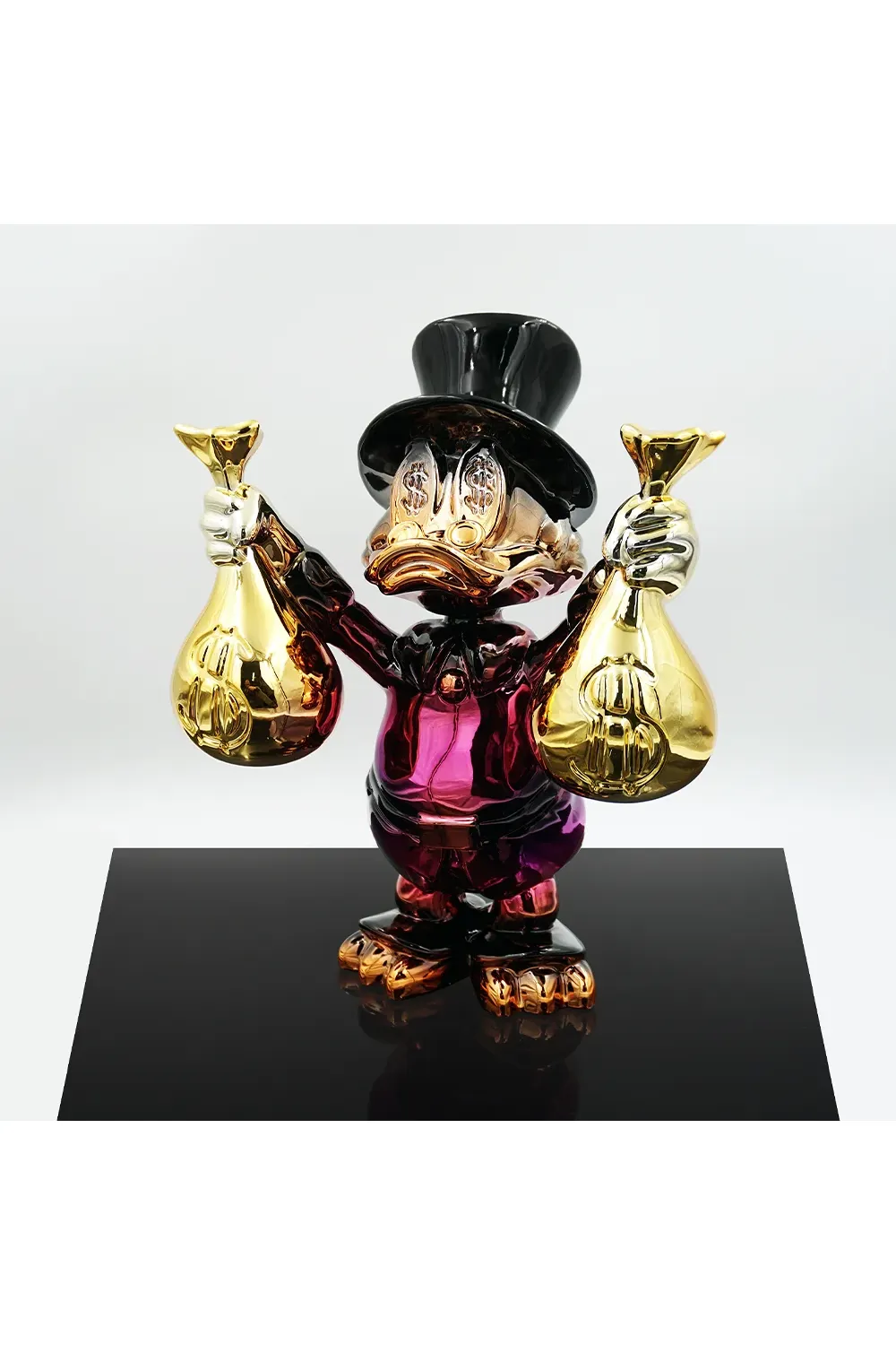 Luxury Mini Duck Decorative Sculpture Holding Chrome Money Bags in Top Hat – 45cm