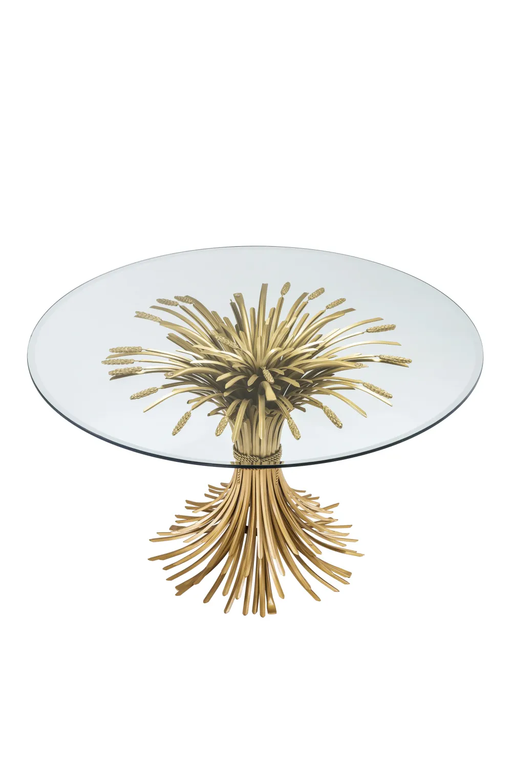 Luxury Painted Brass Round Bevelled Glass Dining Table with Sheaf-Shaped Base