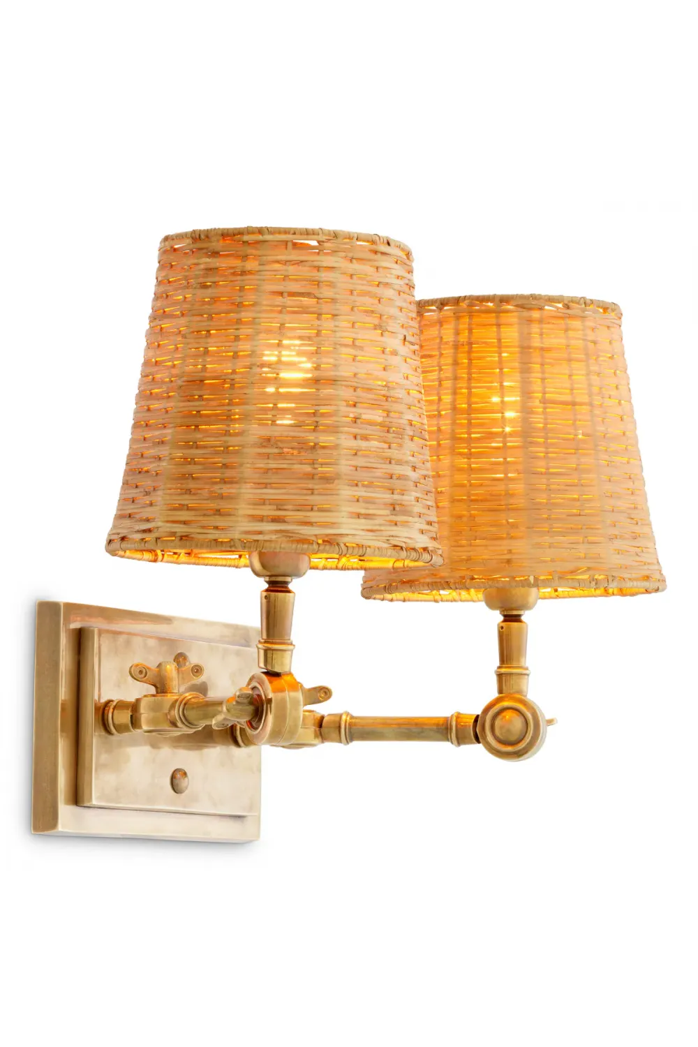 Luxuriöse Doppelwandlampe aus Messing mit Rattanschirmen von Luxury Group International