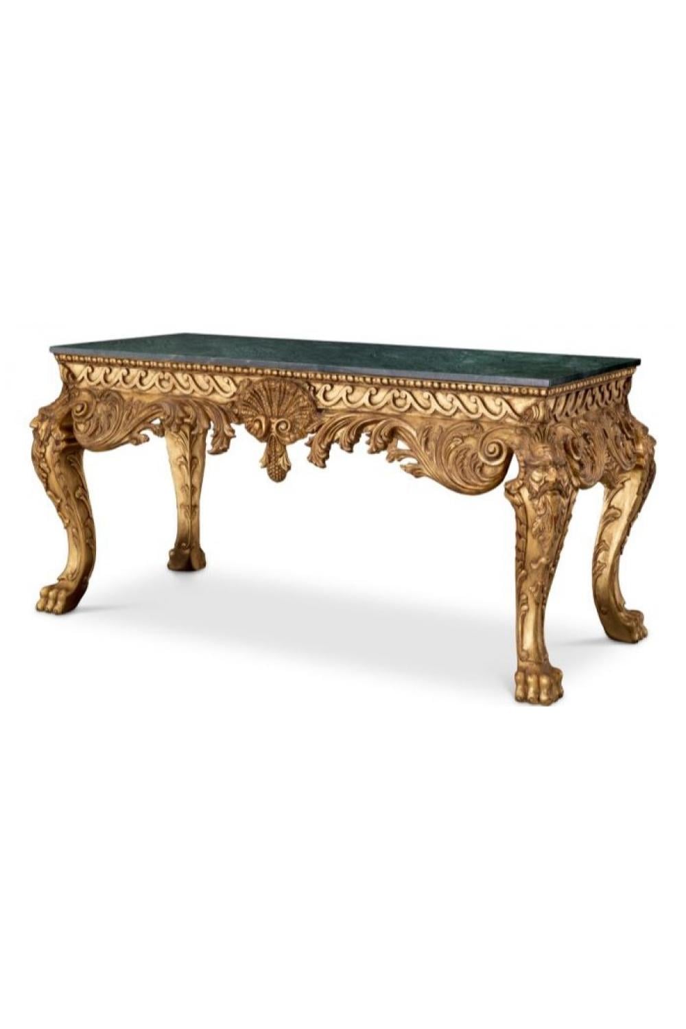 Luxuriöser Konsolentisch mit antikem Gold und grüner Marmorplatte von Luxury Group International
