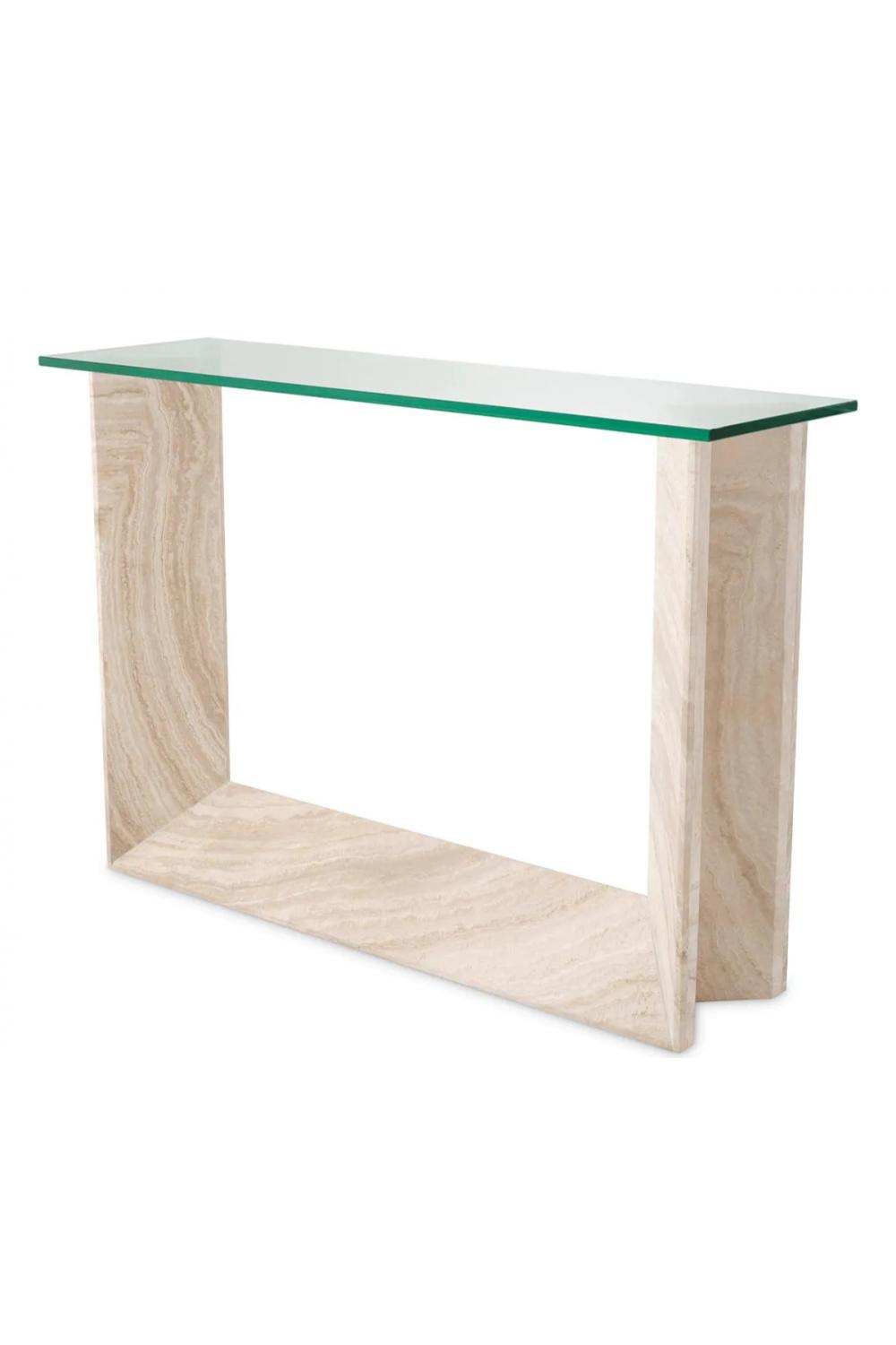 Luxuriöser Konsolentisch aus Travertin mit klarer, rechteckiger Glasplatte (weißer Sockel) von Luxury Group International