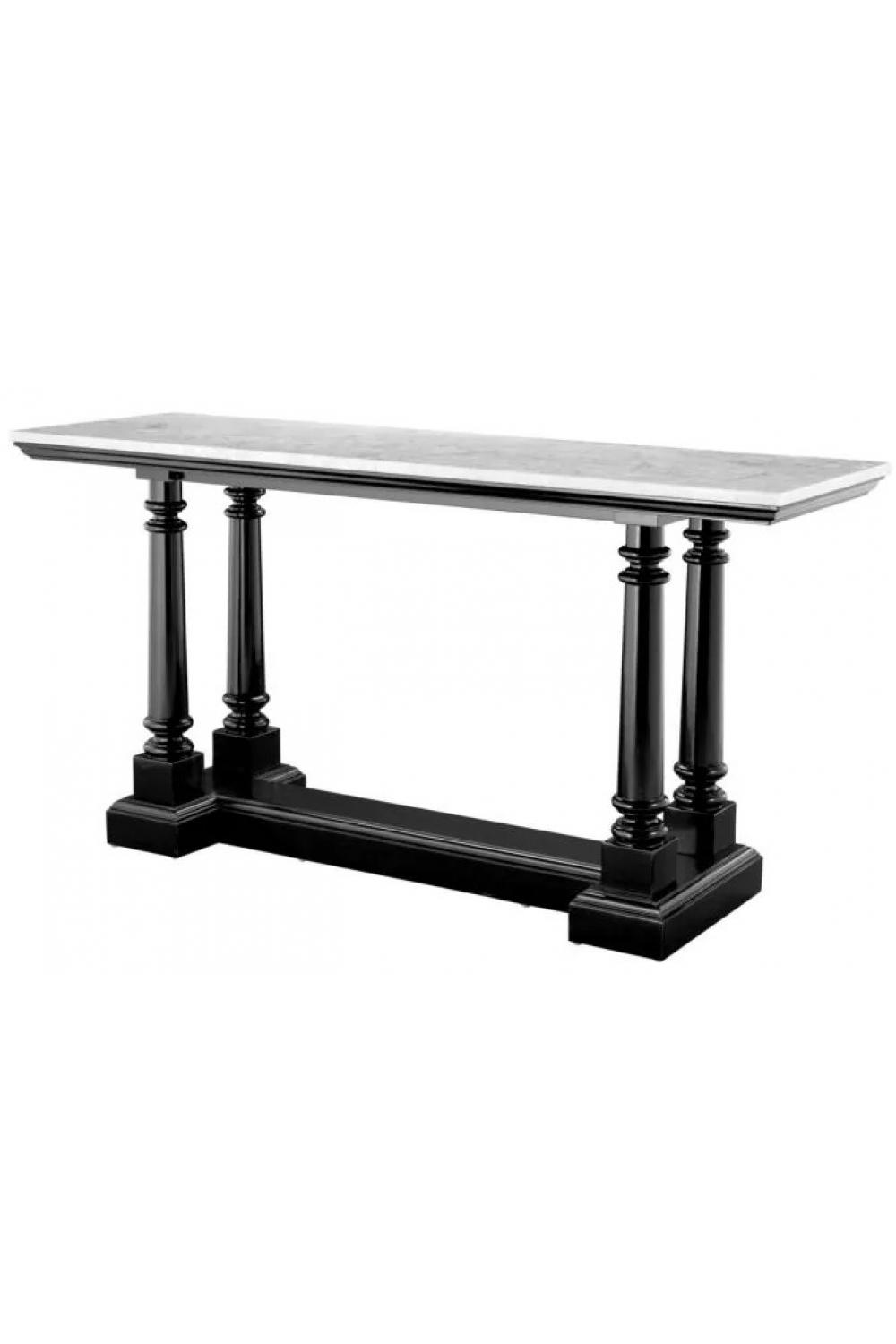 Luxuriöser schwarzer Konsolentisch mit Marmorplatte und ornamentalem Sockel von Luxury Group International