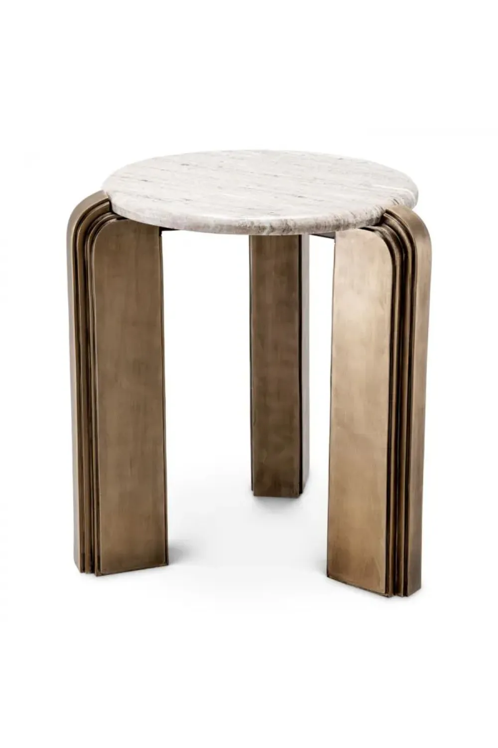 Luxury Antique Brass Round Bedside Table with Beige Marble Top by Luxury Group International