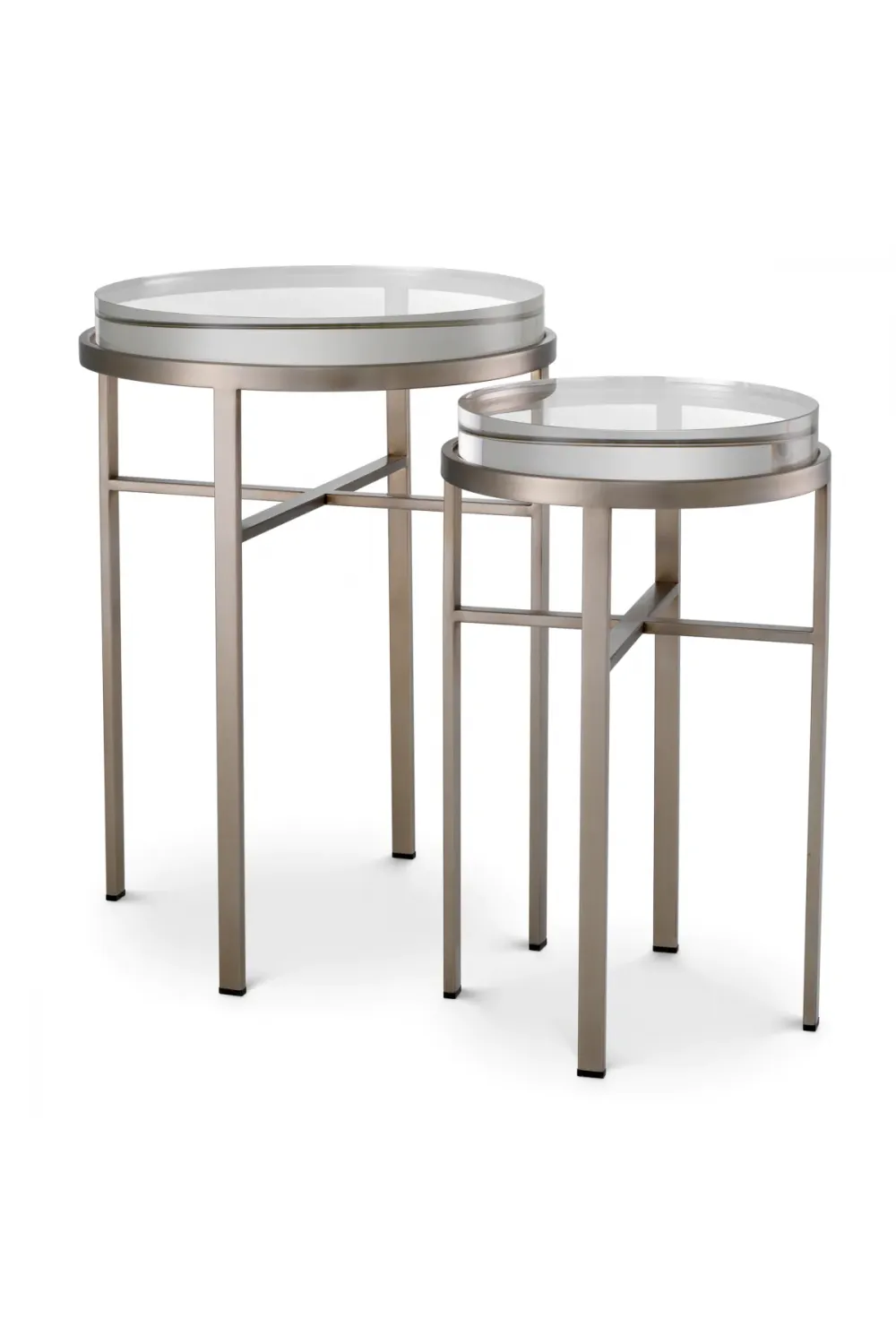 Luxury Brushed Steel Round Nesting Side Table with Glass Top by Luxury Group International