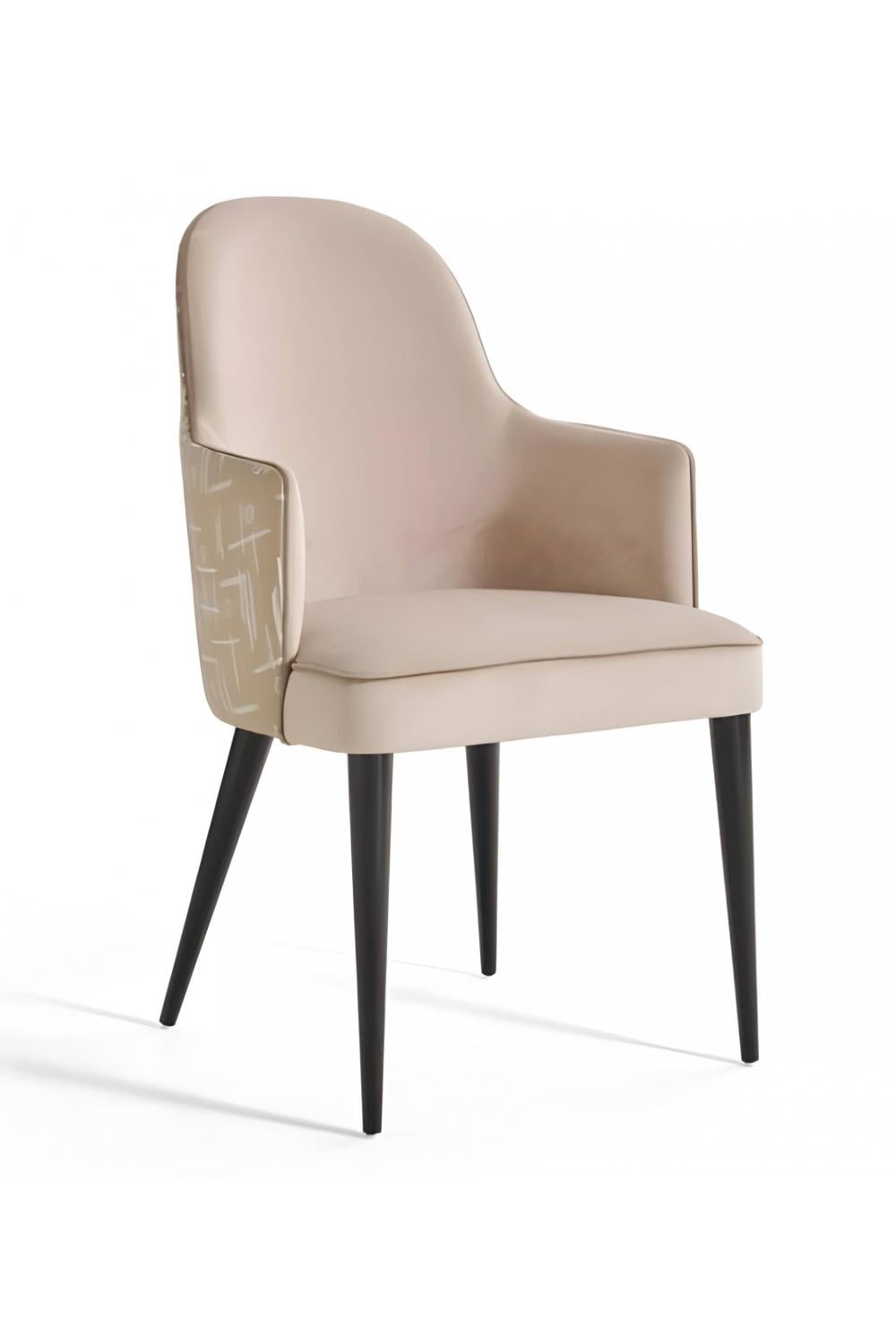 Luxury Beige Upholstered Dining Armchair with Artistic Back Design and Dark Wooden Legs by Luxury Group International