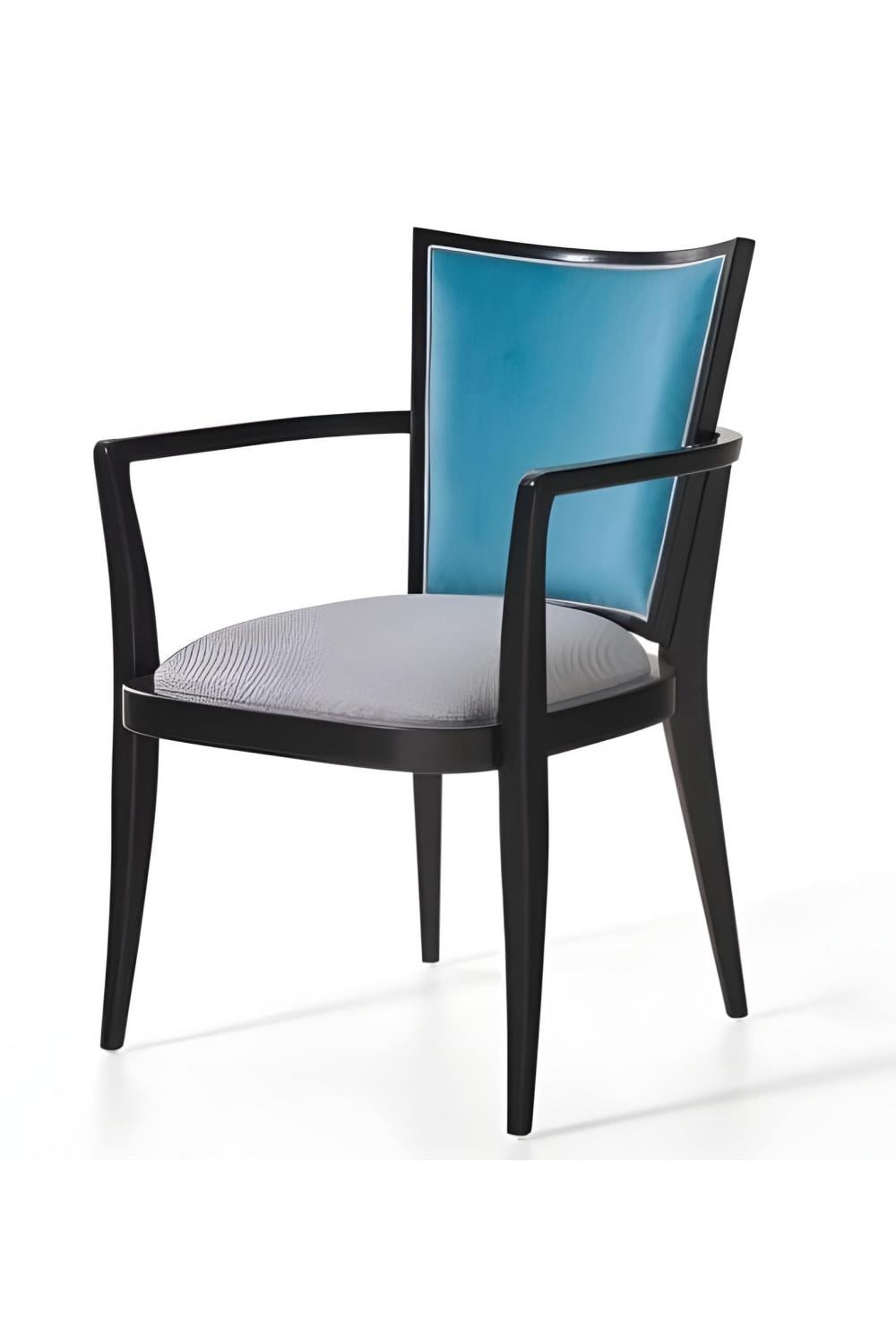 Luxury Upholstered Dining Armchair with Turquoise Silk Backrest in Polished Black Wood Frame by Luxury Group International