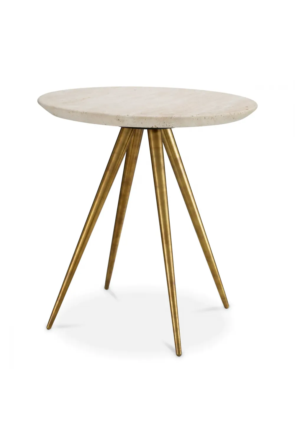 Luxury Round Side Table with Vintage Brass Finish Legs and Travertine Top by Luxury Group International