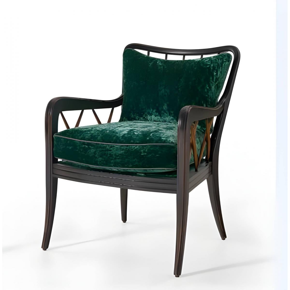Luxury Upholstered Dining Armchair with Elegant Black Frame and Green Velvet Cushion by Luxury Group International