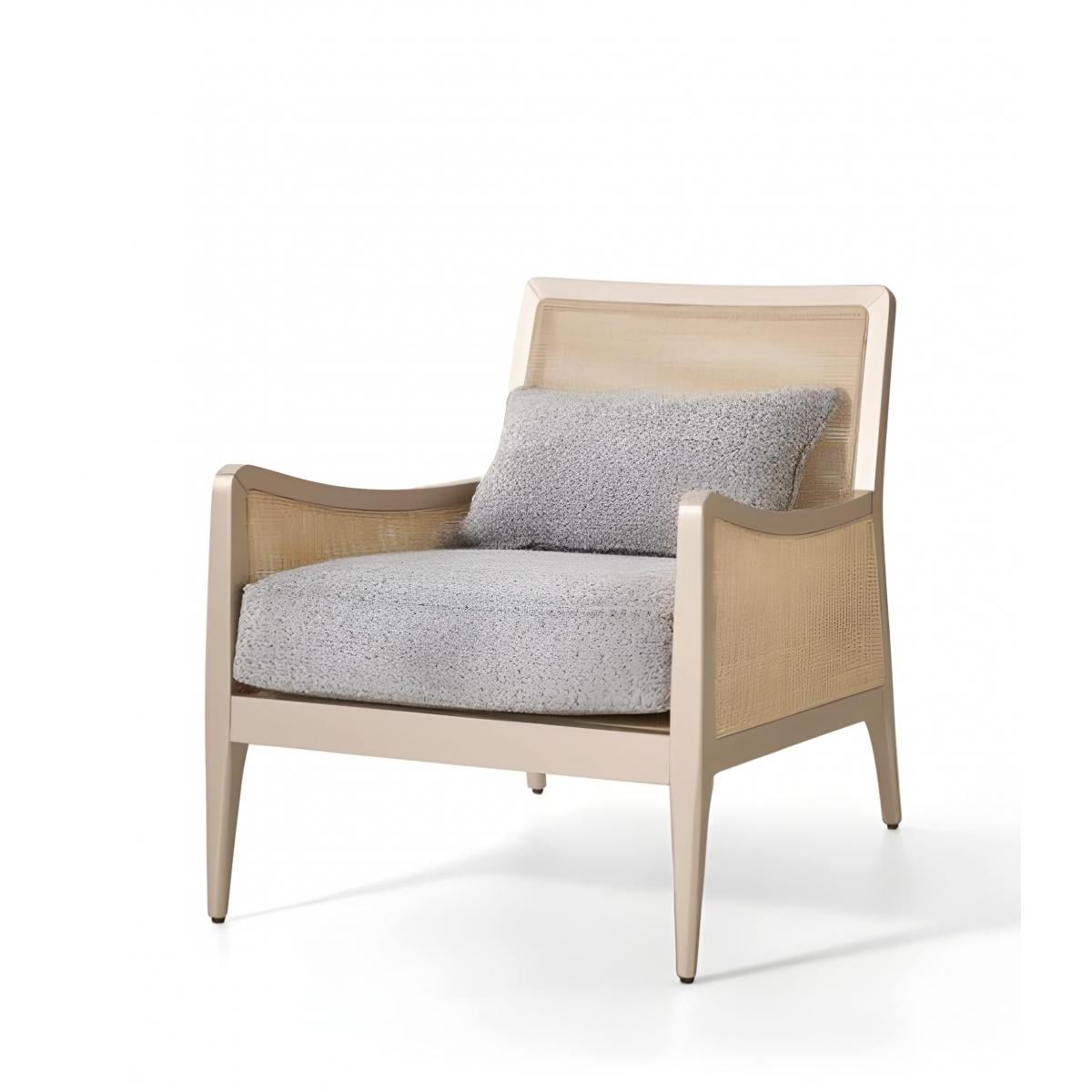 Luxury Upholstered Lounge Armchair in Champagne Color Frame with Textured Cane Panels and Gray Cushion by Luxury Group