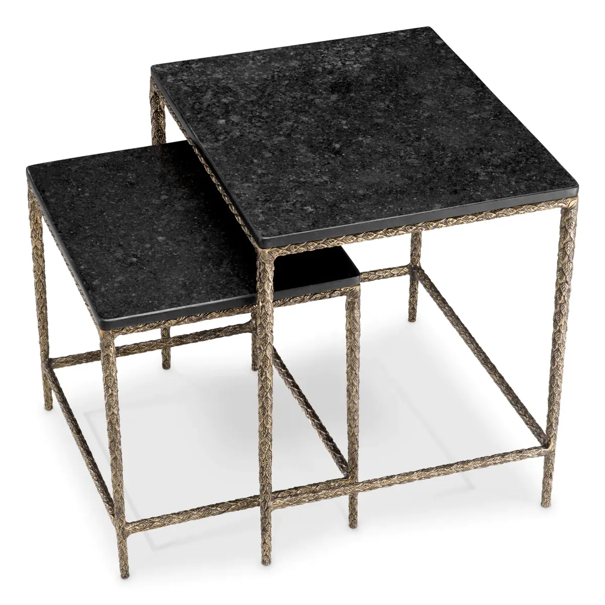 Luxury Vintage Brass Finish Black Top Rectangular Nesting Side Table Set of 2 by Luxury Group International